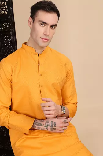 Mustard cotton textured kurta for mens
