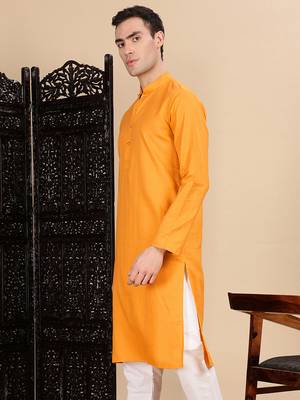Mustard cotton textured kurta for mens 3