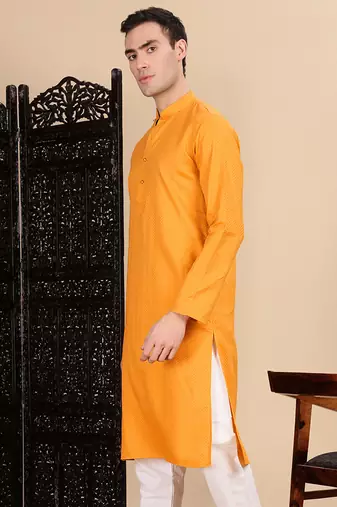 Mustard cotton textured kurta for mens