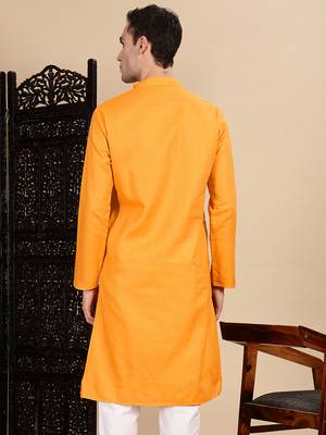 Mustard cotton textured kurta for mens 4