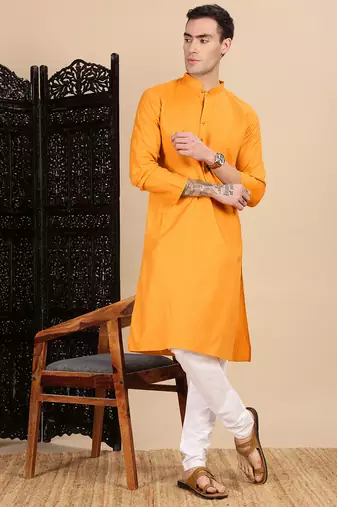 Mustard cotton textured kurta for mens