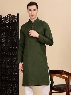 Olive cotton textured kurta for mens 1