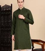 Olive cotton textured kurta for mens