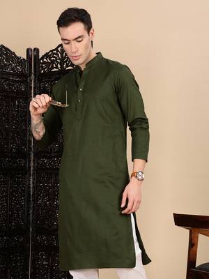 Olive cotton textured kurta for mens 2
