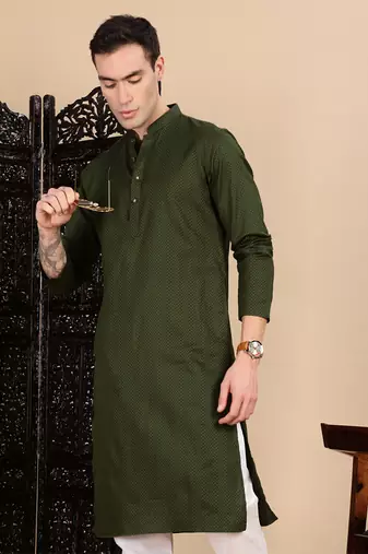 Olive cotton textured kurta for mens