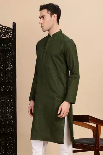 Olive cotton textured kurta for mens