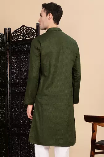 Olive cotton textured kurta for mens