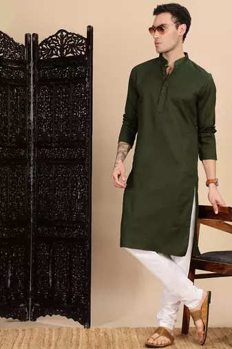 Olive cotton textured kurta for mens