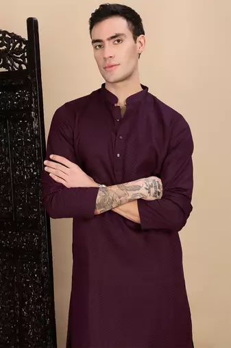 Purple cotton textured kurta for mens