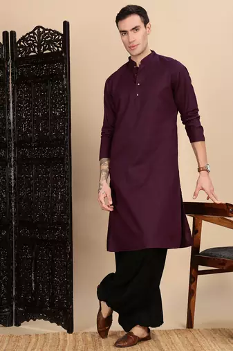 Purple cotton textured kurta for mens