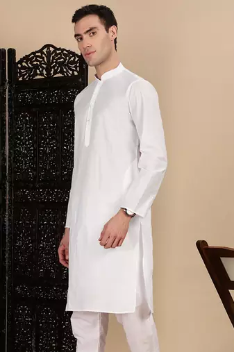 White cotton solid kurta for mens