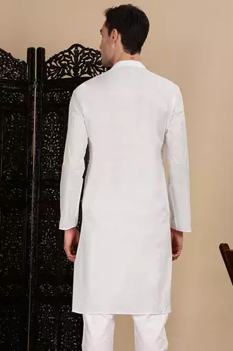 White cotton solid kurta for mens