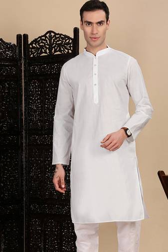 White cotton solid kurta for mens