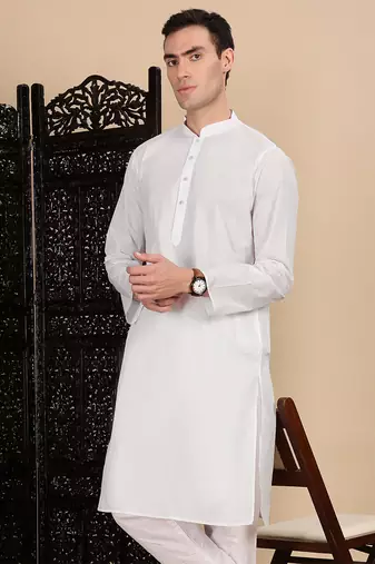 White cotton solid kurta for mens