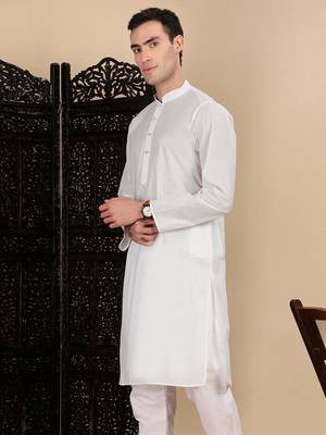 White cotton solid kurta for mens 3