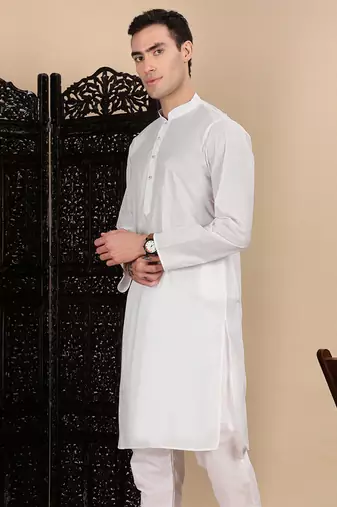 White cotton solid kurta for mens