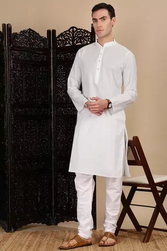 White cotton solid kurta for mens