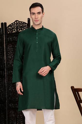 Bottle green cotton solid kurta for mens