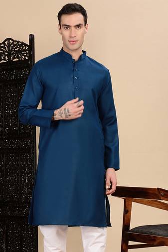 Blue cotton solid kurta for mens