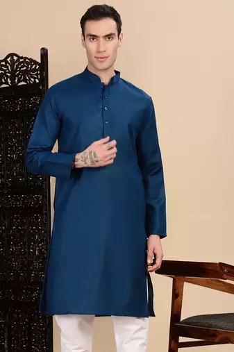Blue cotton solid kurta for mens