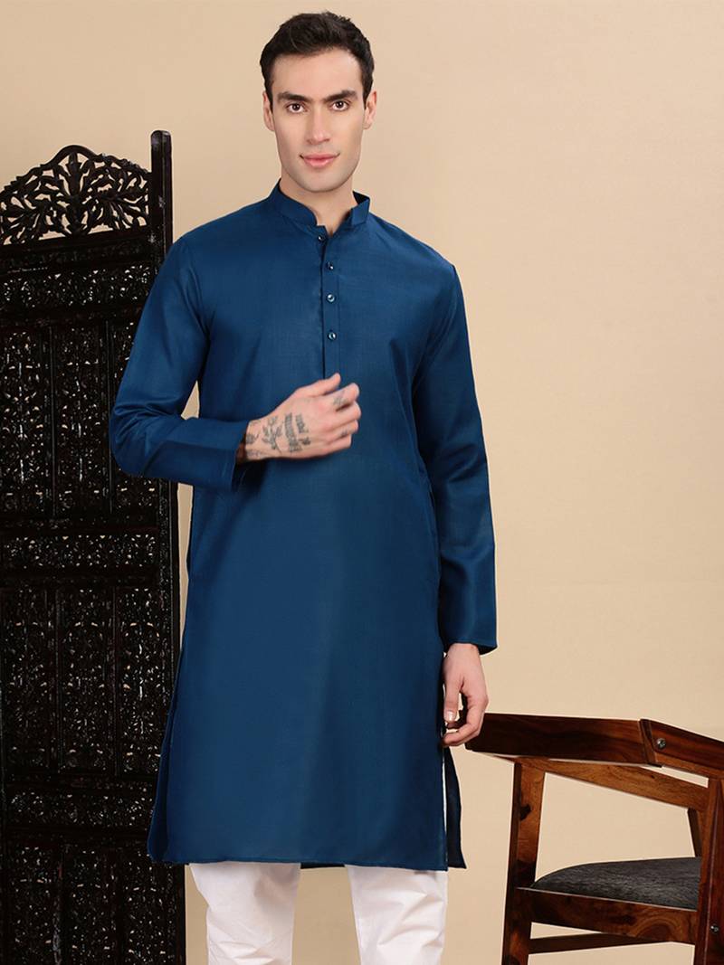 Blue cotton solid kurta for mens