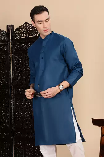 Blue cotton solid kurta for mens