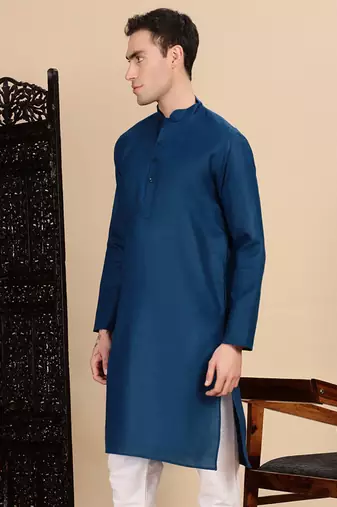 Blue cotton solid kurta for mens