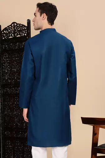 Blue cotton solid kurta for mens