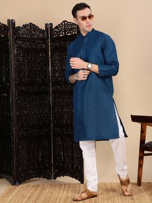 Blue cotton solid kurta for mens 5