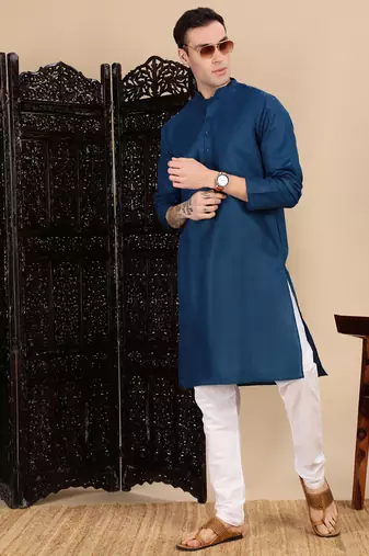 Blue cotton solid kurta for mens