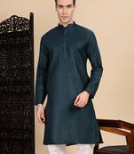 Denim blue cotton solid kurta for mens
