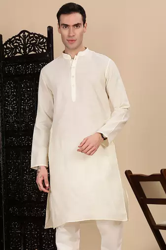 Off white cotton solid kurta for mens
