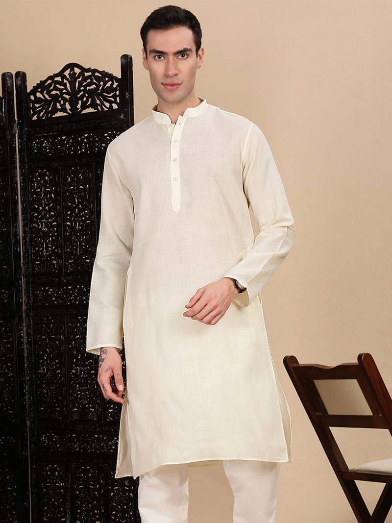 Off white cotton solid kurta for mens