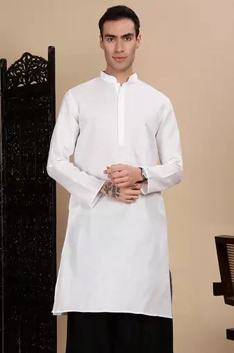 White cotton solid kurta for mens