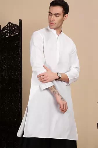 White cotton solid kurta for mens
