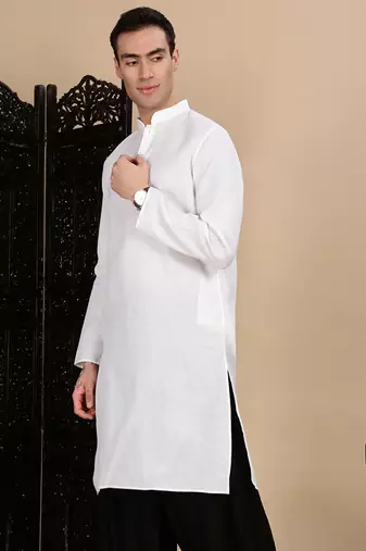White cotton solid kurta for mens