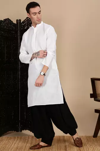 White cotton solid kurta for mens