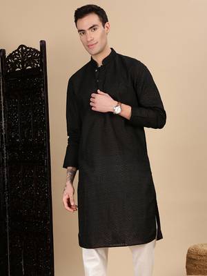 Black cotton chikankari kurta for mens 1