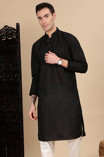 Black cotton chikankari kurta for mens