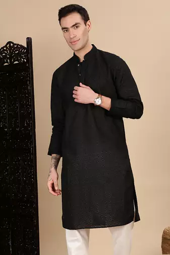Black cotton chikankari kurta for mens
