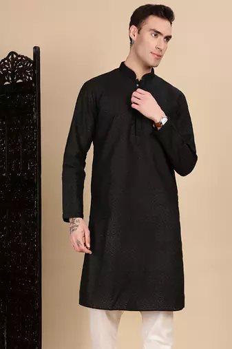 Black cotton chikankari kurta for mens