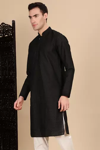 Black cotton chikankari kurta for mens