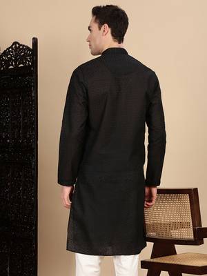 Black cotton chikankari kurta for mens 4