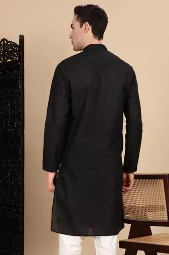 Black cotton chikankari kurta for mens