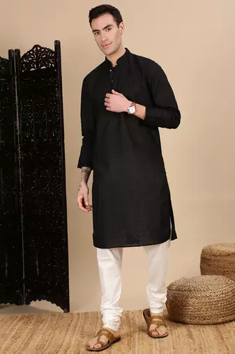 Black cotton chikankari kurta for mens