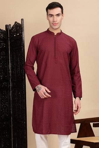 Maroon cotton chikankari kurta for mens