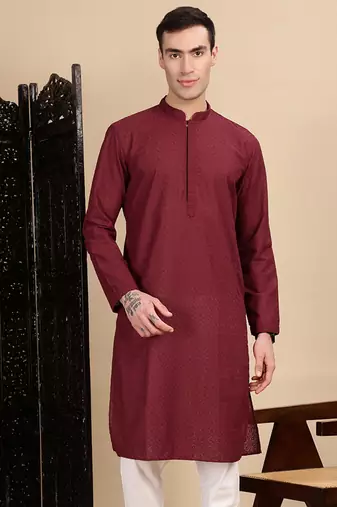 Maroon cotton chikankari kurta for mens