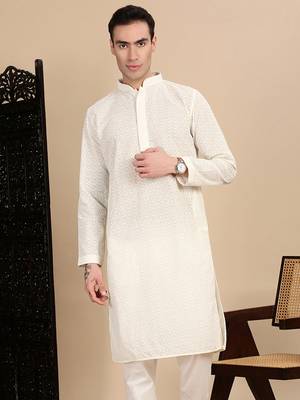 Off white cotton chikankari kurta for mens 1