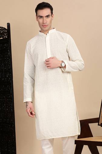 Off white cotton chikankari kurta for mens