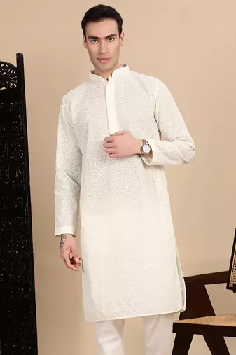 Off white cotton chikankari kurta for mens